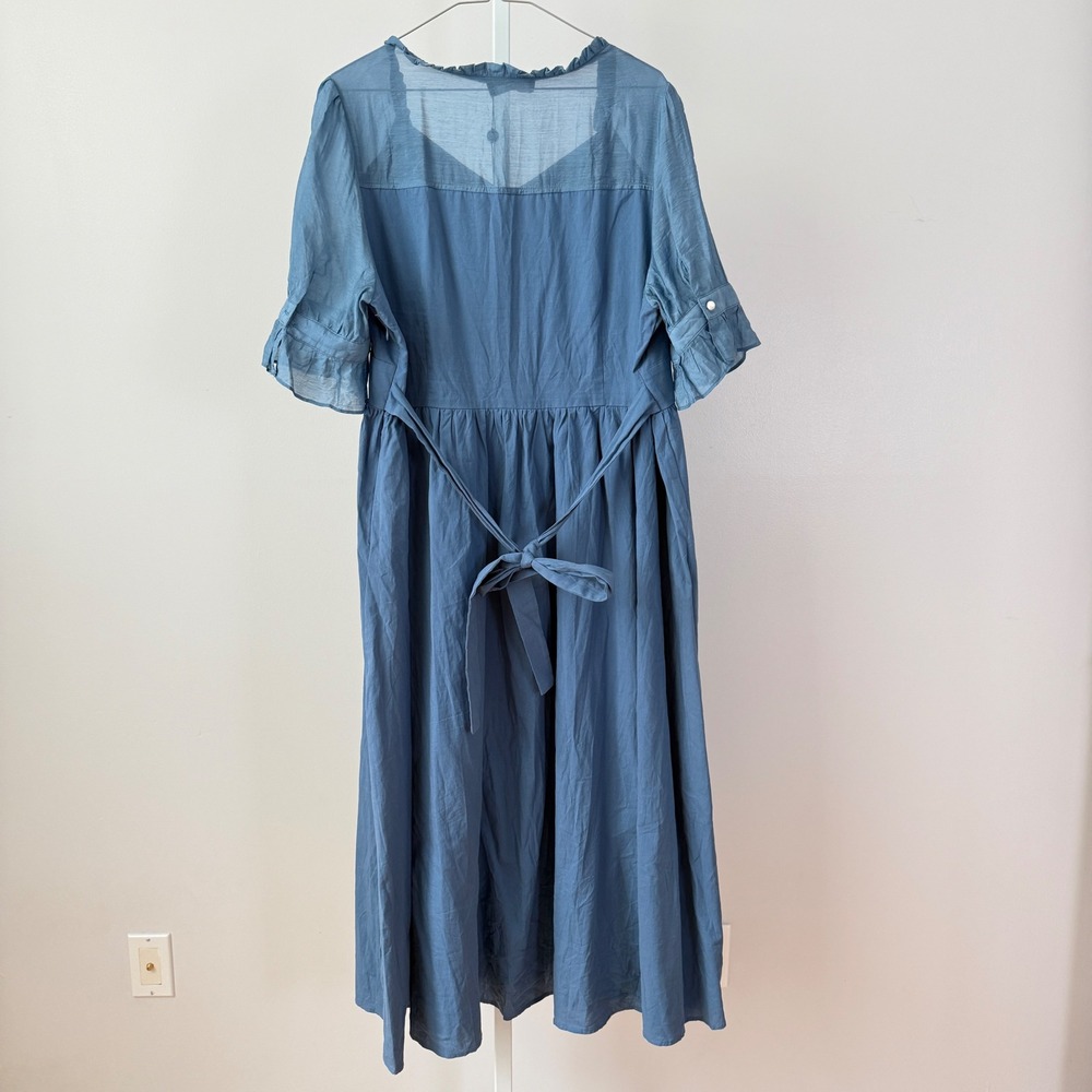 Scarlet Darkness Blue Button Front Midi Dress Tie Waist Sheer Sleeve Women's 2XL - Picture 8 of 8